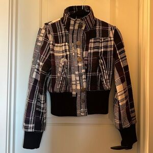 Wet Seal: Plaid, cropped, wool mix zipper/snap lined jacket.